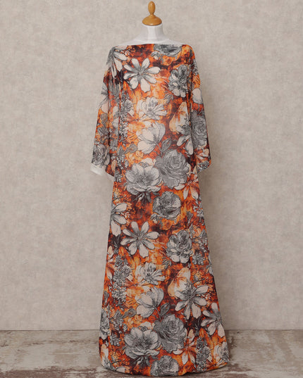 Orange & Grey Floral Traditional Somali Cotton Voile Dirac Fabric, 3.5 Mtrs, Width 150 Cms, Made in Italy-D24638