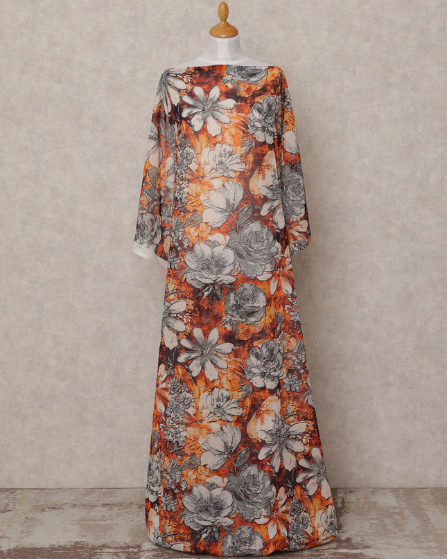 Orange & Grey Floral Traditional Somali Cotton Voile Dirac Fabric, 3.5 Mtrs, Width 150 Cms, Made in Italy-D24638