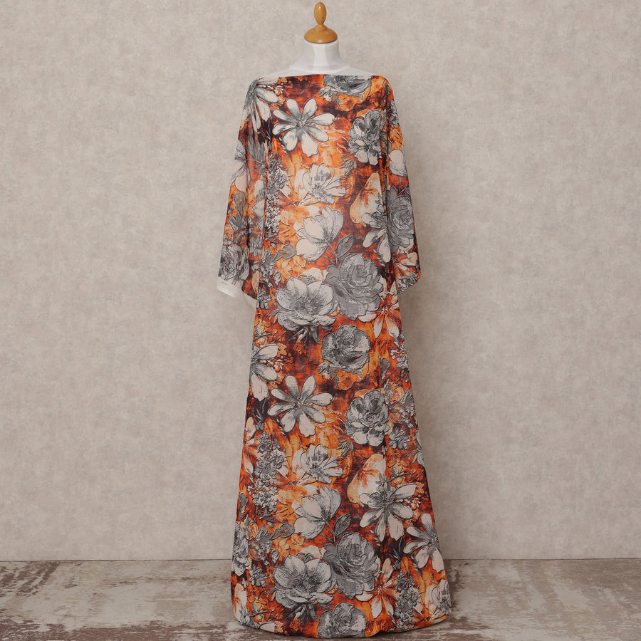 Orange & Grey Floral Traditional Somali Cotton Voile Dirac Fabric, 3.5 Mtrs, Width 150 Cms, Made in Italy-D24638