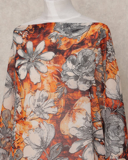Orange & Grey Floral Traditional Somali Cotton Voile Dirac Fabric, 3.5 Mtrs, Width 150 Cms, Made in Italy-D24638