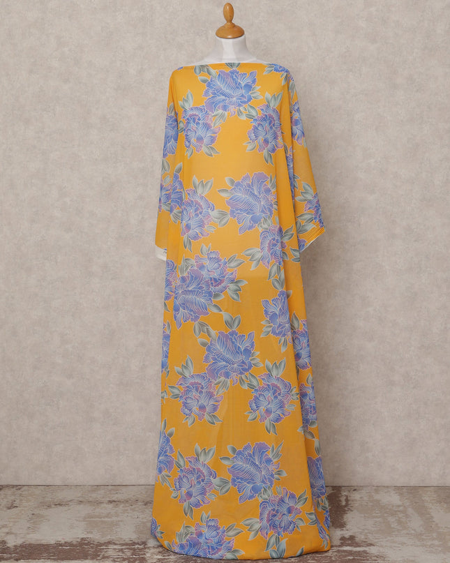 Mustard Yellow & Blue Floral Traditional Somali Cotton Voile Dirac Fabric, 3.5 Mtrs, Width 150 Cms, Made in Italy-D24639