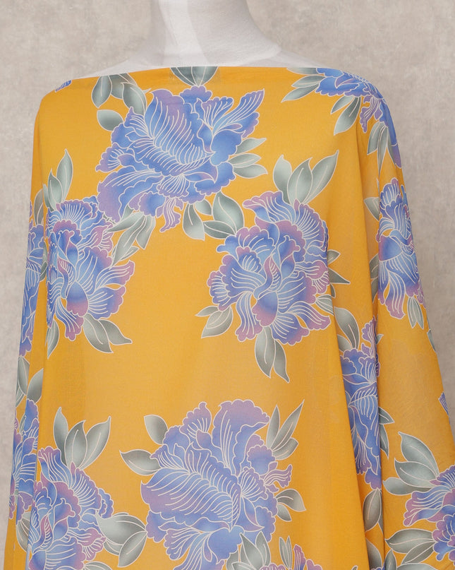 Mustard Yellow & Blue Floral Traditional Somali Cotton Voile Dirac Fabric, 3.5 Mtrs, Width 150 Cms, Made in Italy-D24639