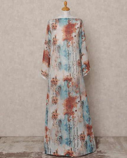 Rust & Sky Blue Abstract Traditional Somali Cotton Voile Dirac Fabric, 3.5 Mtrs, Width 150 Cms, Made in Italy-D24640 Regal Fabrics