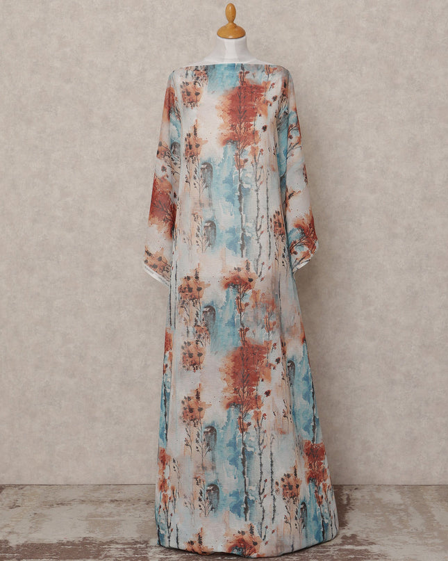 Rust & Sky Blue Abstract Traditional Somali Cotton Voile Dirac Fabric, 3.5 Mtrs, Width 150 Cms, Made in Italy-D24640