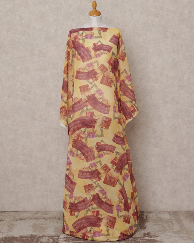 Yellow & Maroon Abstract Brushstroke Traditional Somali Cotton Voile Dirac Fabric, 3.5 Mtrs, Width 150 Cms, Made in Italy-D24642