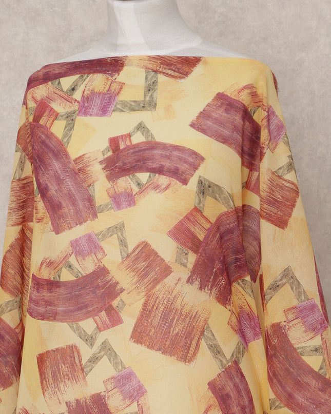 Yellow & Maroon Abstract Brushstroke Traditional Somali Cotton Voile Dirac Fabric, 3.5 Mtrs, Width 150 Cms, Made in Italy-D24642