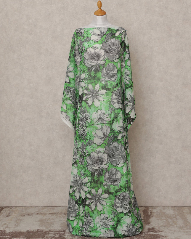 Green & Grey Floral Traditional Somali Cotton Voile Dirac Fabric, 3.5 Mtrs, Width 150 Cms, Made in Italy-D24643 Regal Fabrics