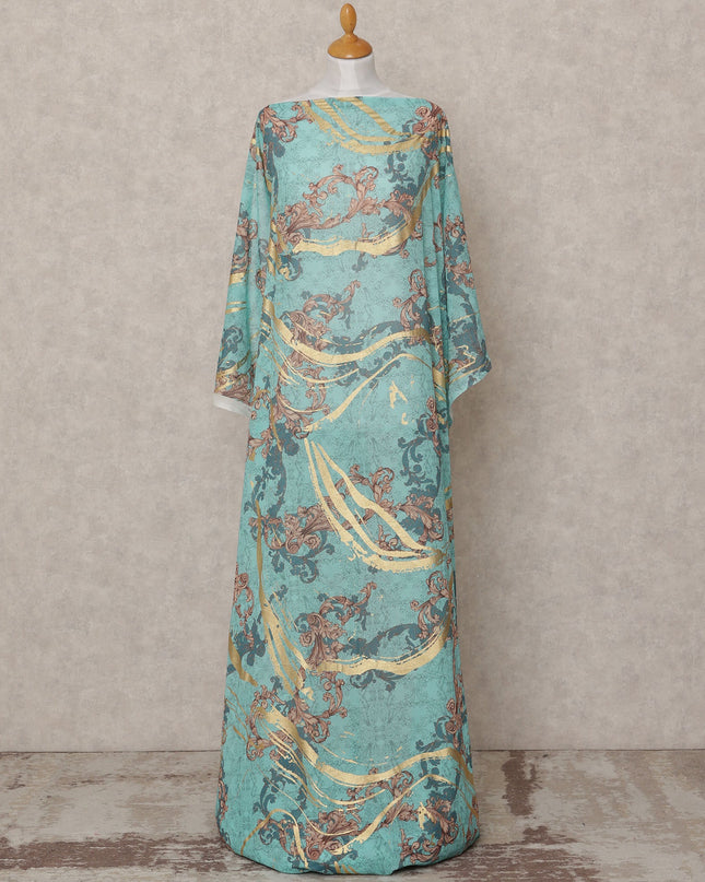 Turquoise & Gold Baroque Traditional Somali Cotton Voile Dirac Fabric, 3.5 Mtrs, Width 150 Cms, Made in Italy-D24645 Regal Fabrics