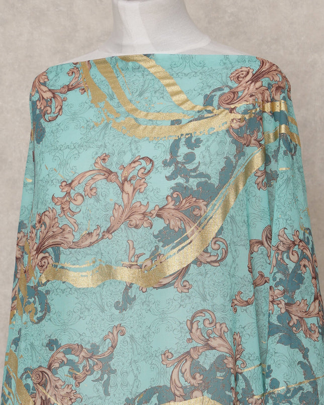 Turquoise & Gold Baroque Traditional Somali Cotton Voile Dirac Fabric, 3.5 Mtrs, Width 150 Cms, Made in Italy-D24645 Regal Fabrics