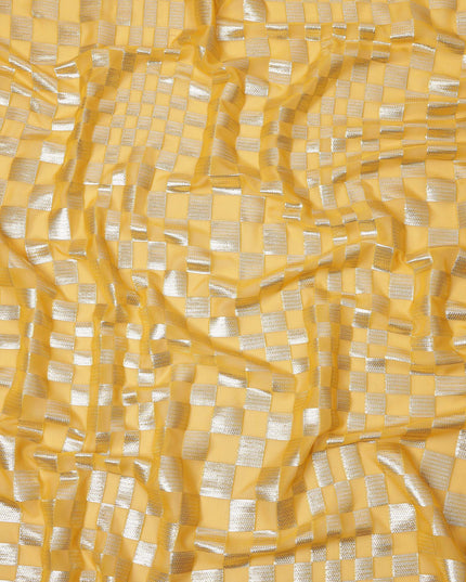 Golden Yellow Geometric Check Silk Chiffon Fabric with Metallic Lurex 110 Cms Width South Korea-D24985