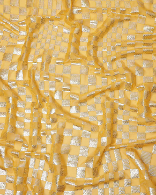Golden Yellow Geometric Check Silk Chiffon Fabric with Metallic Lurex 110 Cms Width South Korea-D24985