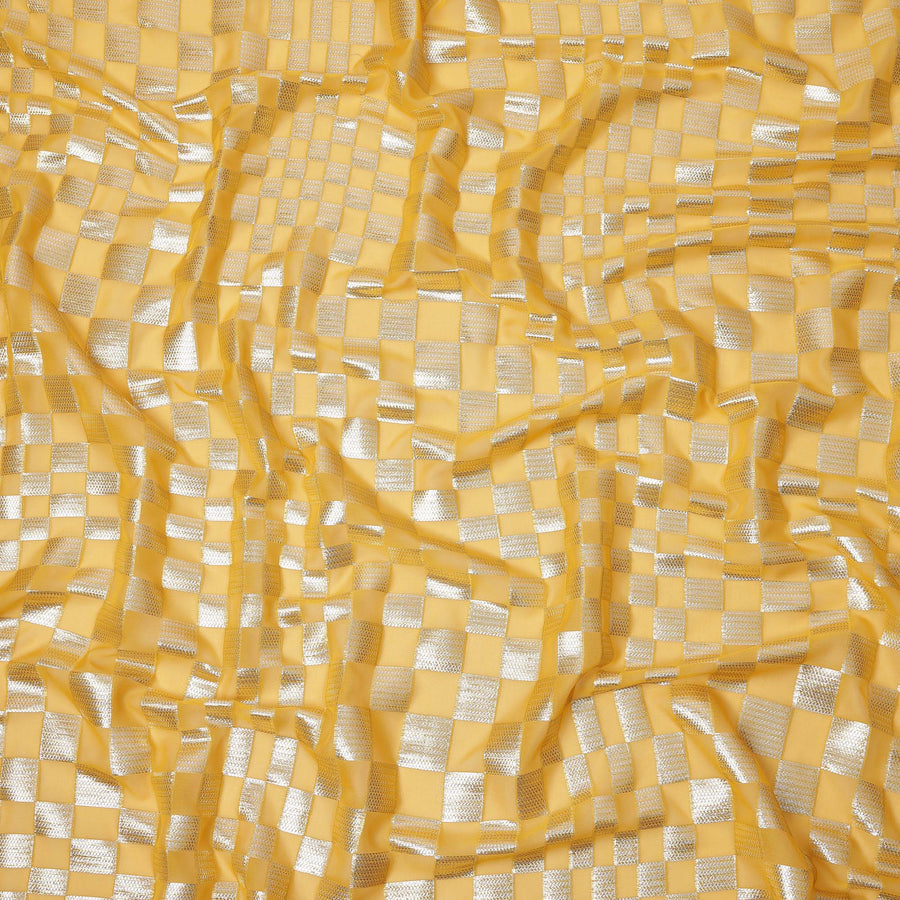 Golden Yellow Geometric Check Silk Chiffon Fabric with Metallic Lurex 110 Cms Width South Korea-D24985
