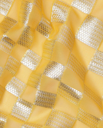 Golden Yellow Geometric Check Silk Chiffon Fabric with Metallic Lurex 110 Cms Width South Korea-D24985