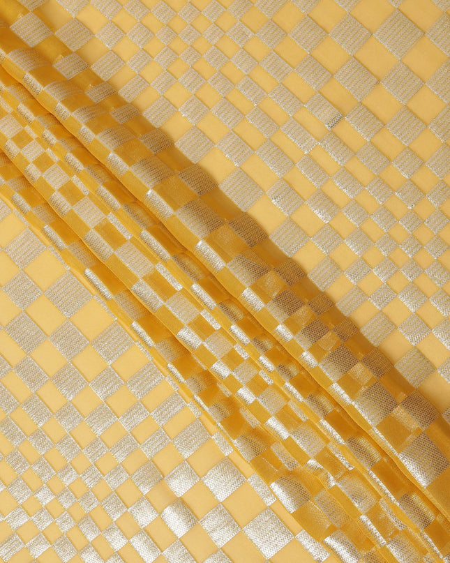Golden Yellow Geometric Check Silk Chiffon Fabric with Metallic Lurex 110 Cms Width South Korea-D24985