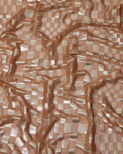 Copper Brown Geometric Check Silk Chiffon Fabric with Metallic Lurex 110 Cms Width South Korea-D24987