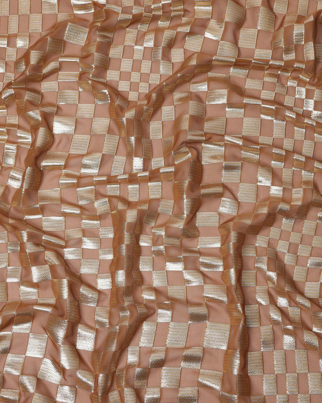 Copper Brown Geometric Check Silk Chiffon Fabric with Metallic Lurex 110 Cms Width South Korea-D24987