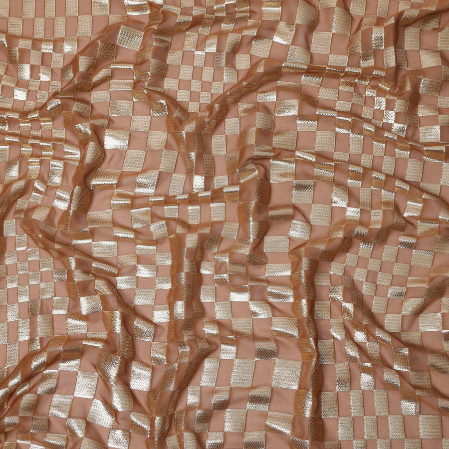 Copper Brown Geometric Check Silk Chiffon Fabric with Metallic Lurex 110 Cms Width South Korea-D24987