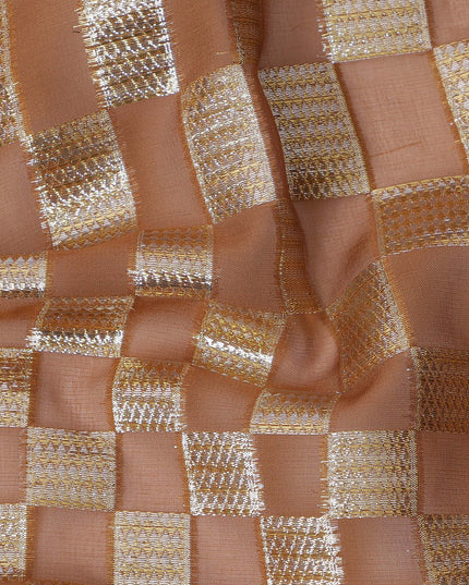 Copper Brown Geometric Check Silk Chiffon Fabric with Metallic Lurex 110 Cms Width South Korea-D24987