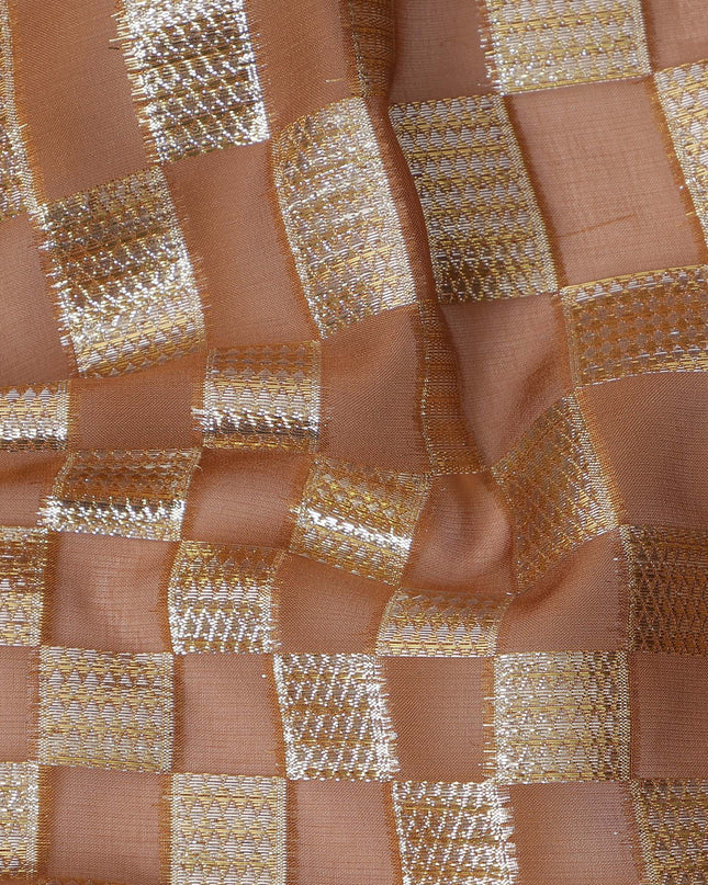 Copper Brown Geometric Check Silk Chiffon Fabric with Metallic Lurex 110 Cms Width South Korea-D24987