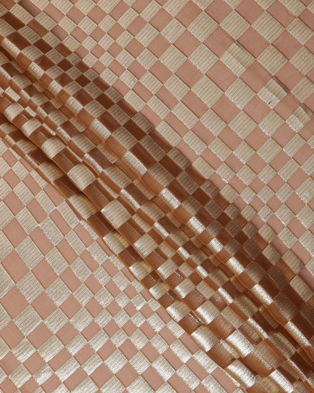 Copper Brown Geometric Check Silk Chiffon Fabric with Metallic Lurex 110 Cms Width South Korea-D24987