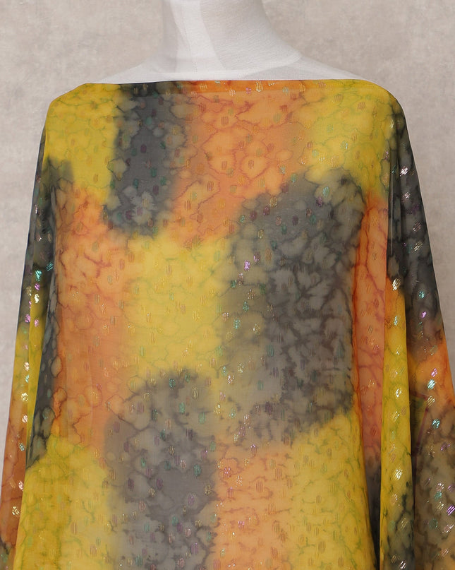 Yellow Orange Black Traditional Somali Silk Chiffon Dirac Fabric with Metallic Lurex, 3.5 Mtrs, Width 140 Cms, Made in South Korea-D25033