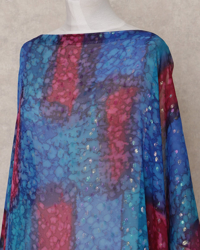 Blue Red Purple Traditional Somali Silk Chiffon Dirac Fabric with Metallic Lurex, 3.5 Mtrs, Width 140 Cms, Made in South Korea-D25034