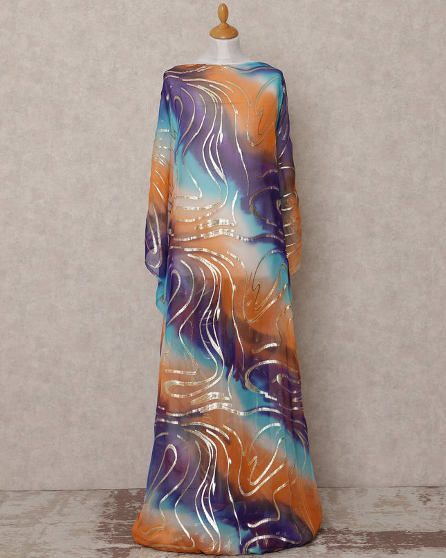 Orange Blue Purple Traditional Somali Silk Chiffon Dirac Fabric with Metallic Lurex, 3.5 Mtrs, Width 140 Cms, Made in South Korea-D25035