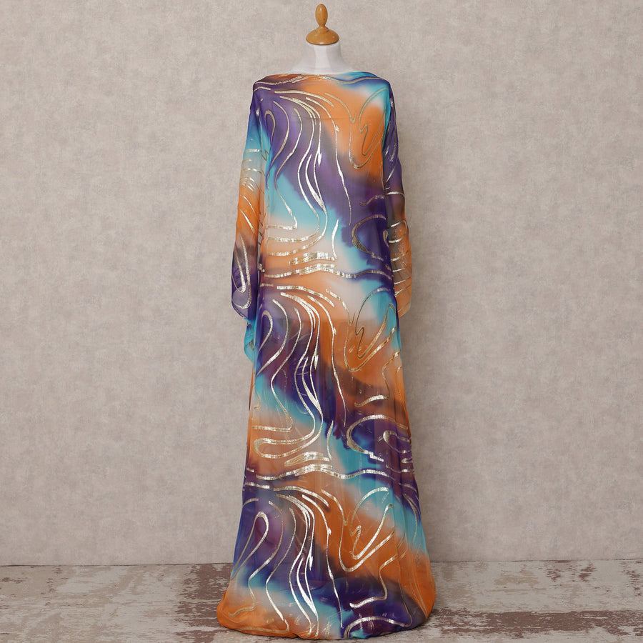 Orange Blue Purple Traditional Somali Silk Chiffon Dirac Fabric with Metallic Lurex, 3.5 Mtrs, Width 140 Cms, Made in South Korea-D25035