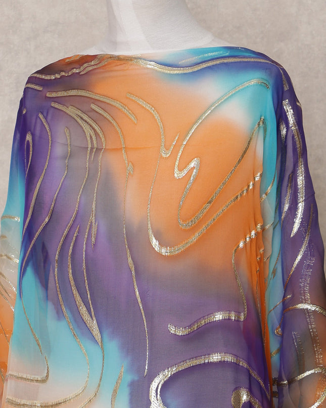 Orange Blue Purple Traditional Somali Silk Chiffon Dirac Fabric with Metallic Lurex, 3.5 Mtrs, Width 140 Cms, Made in South Korea-D25035