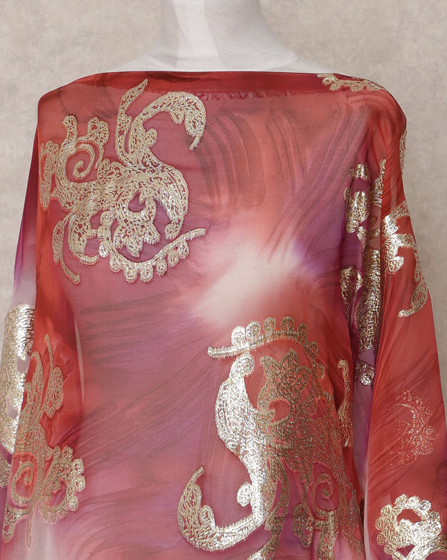 Red Purple Traditional Somali Silk Chiffon Dirac Fabric with Metallic Lurex, 3.5 Mtrs, Width 140 Cms, Made in South Korea-D25036