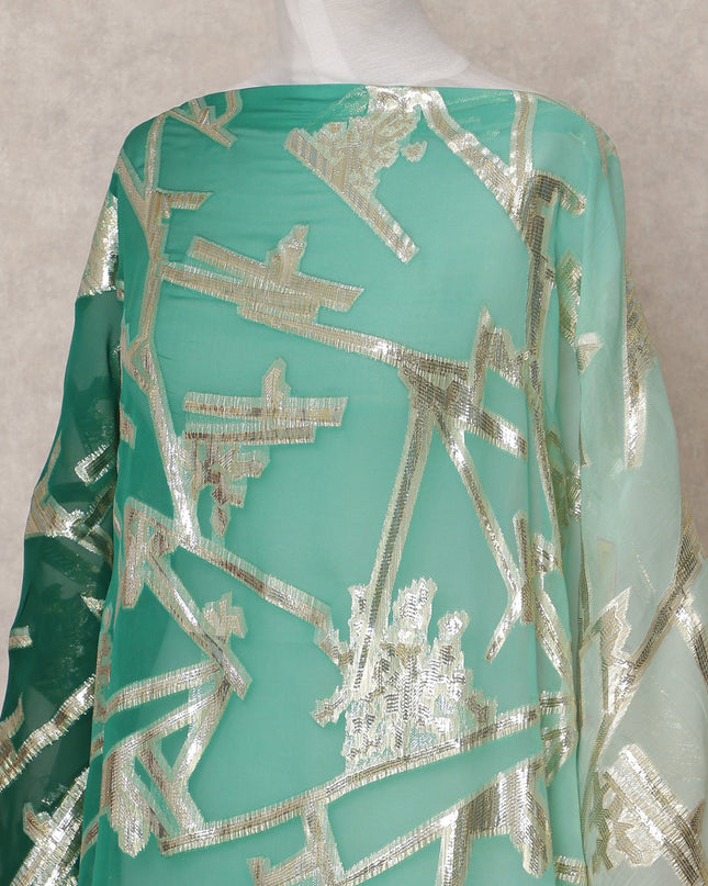 Green Traditional Somali Silk Chiffon Dirac Fabric with Metallic Lurex, 3.5 Mtrs, Width 140 Cms, Made in South Korea-D25037