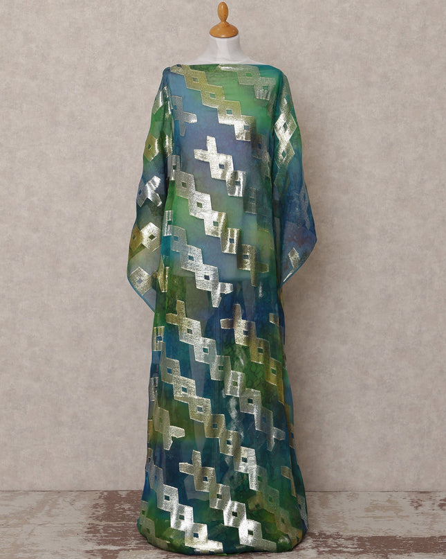 Blue Green Traditional Somali Silk Chiffon Dirac Fabric with Metallic Lurex, 3.5 Mtrs, Width 140 Cms, Made in South Korea-D25038