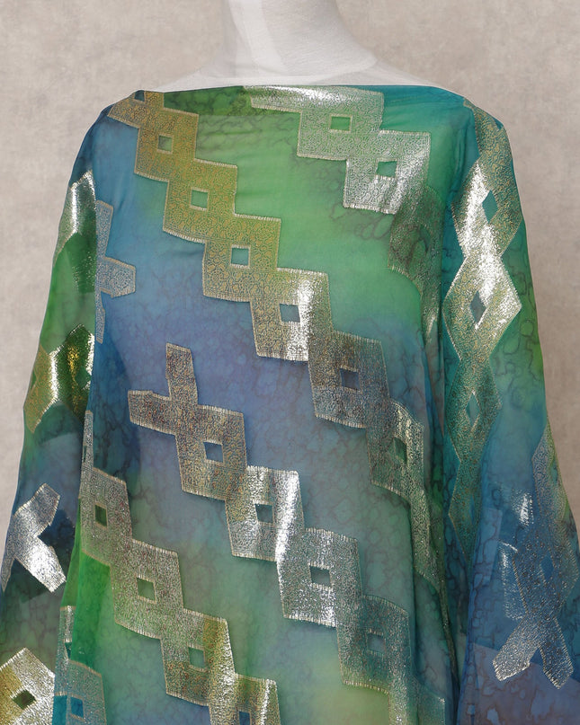 Blue Green Traditional Somali Silk Chiffon Dirac Fabric with Metallic Lurex, 3.5 Mtrs, Width 140 Cms, Made in South Korea-D25038