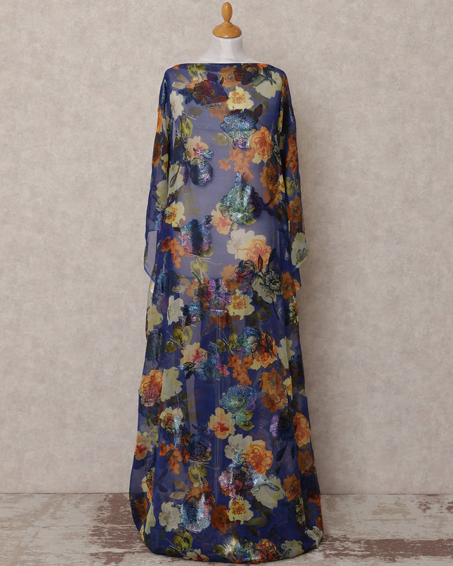 Navy Blue Multi-Color Floral Traditional Somali Silk Chiffon Dirac Fabric with Metallic Lurex, 3.5 Mtrs, Width 140 Cms, Made in South Korea-D25040 Regal Fabrics