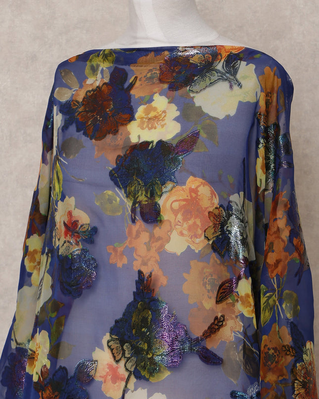 Navy Blue Multi-Color Floral Traditional Somali Silk Chiffon Dirac Fabric with Metallic Lurex, 3.5 Mtrs, Width 140 Cms, Made in South Korea-D25040 Regal Fabrics