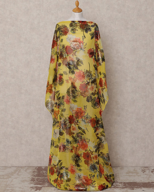 Yellow Multi-Color Floral Traditional Somali Silk Chiffon Dirac Fabric with Metallic Lurex, 3.5 Mtrs, Width 140 Cms, Made in South Korea-D25041