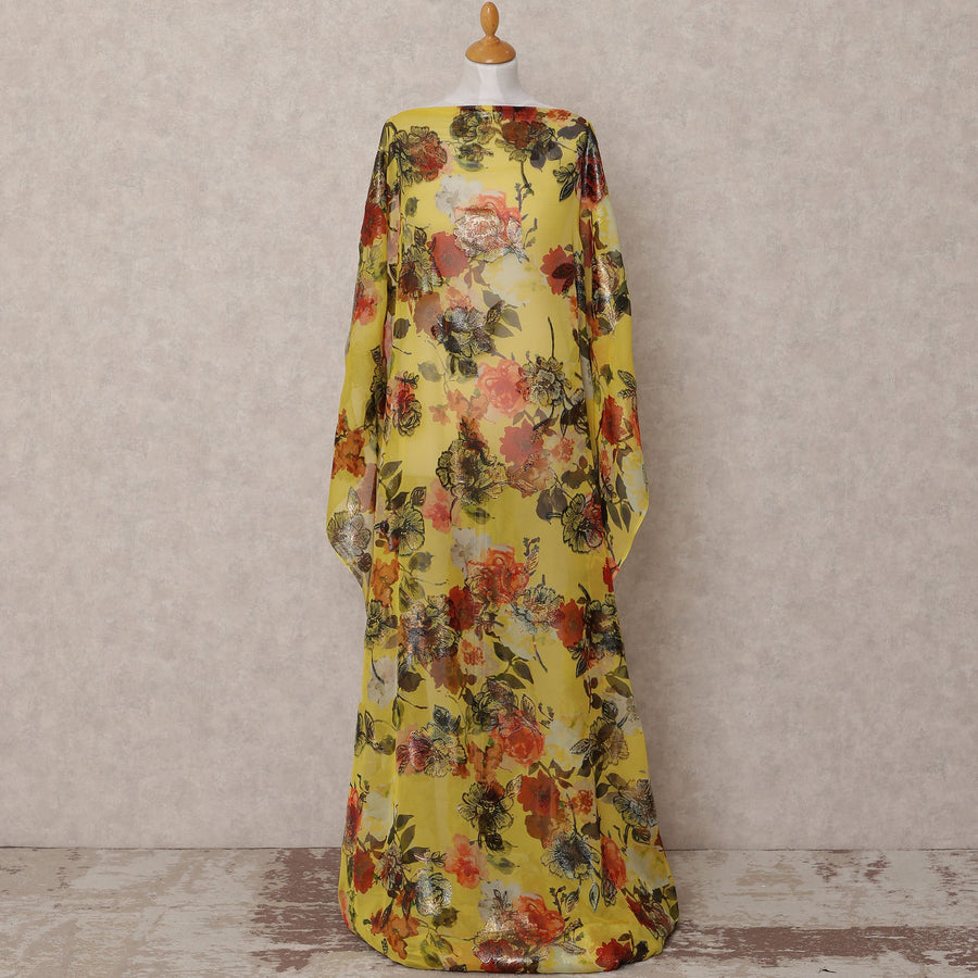 قماش ديراك من الحرير الصومالي التقليدي متعدد الألوان بنقشة زهور صفراء مع لوركس معدني، 3.5 متر، عرض 140 سم، صنع في كوريا الجنوبية - D25041