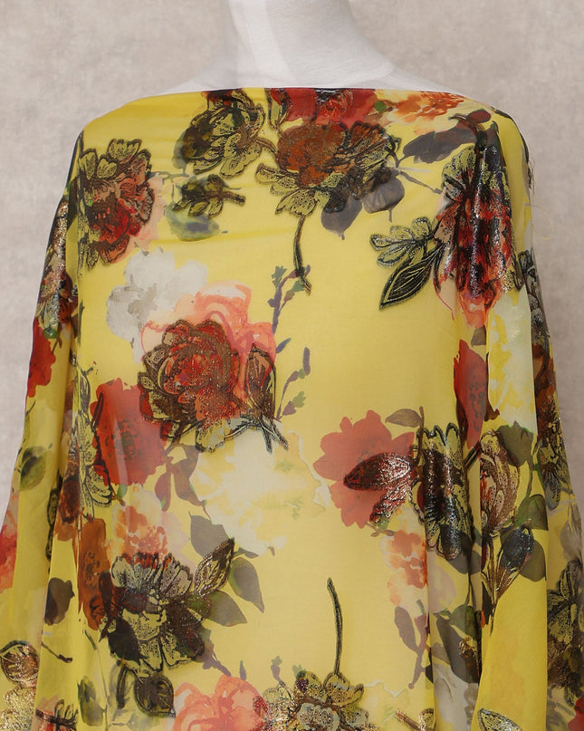 Yellow Multi-Color Floral Traditional Somali Silk Chiffon Dirac Fabric with Metallic Lurex, 3.5 Mtrs, Width 140 Cms, Made in South Korea-D25041