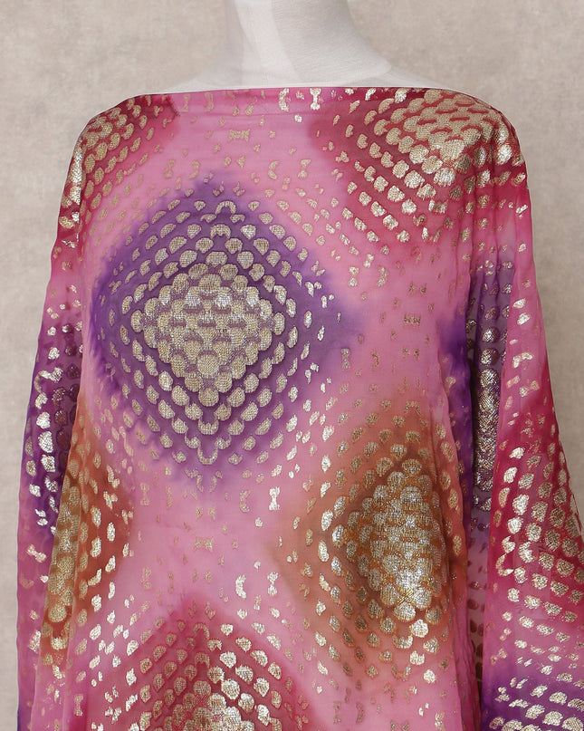 Pink Purple Gold Traditional Somali Silk Chiffon Dirac Fabric with Metallic Lurex, 3.5 Mtrs, Width 140 Cms, Made in South Korea-D25042 Regal Fabrics