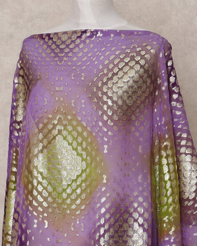 Purple Green Gold Traditional Somali Silk Chiffon Dirac Fabric with Metallic Lurex, 3.5 Mtrs, Width 140 Cms, Made in South Korea-D25043 Regal Fabrics