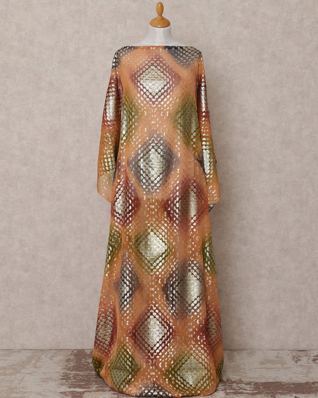 قماش ديراك شيفون حريري صومالي تقليدي باللون البني والأخضر والذهبي مع لوركس معدني، 3.5 متر، عرض 140 سم، صنع في كوريا الجنوبية - D25045