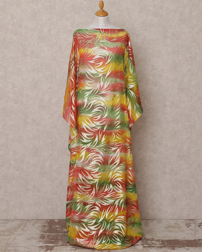 Red Green Yellow Traditional Somali Silk Chiffon Dirac Fabric with Metallic Lurex, 3.5 Mtrs, Width 140 Cms, Made in South Korea-D25046