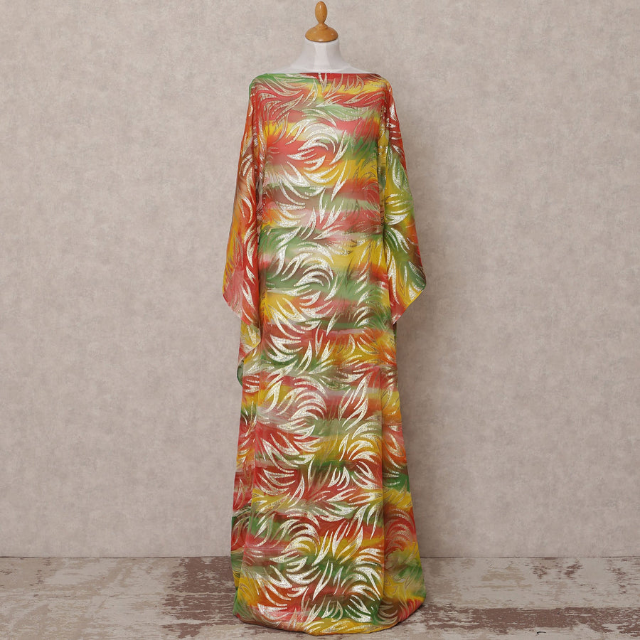 Red Green Yellow Traditional Somali Silk Chiffon Dirac Fabric with Metallic Lurex, 3.5 Mtrs, Width 140 Cms, Made in South Korea-D25046