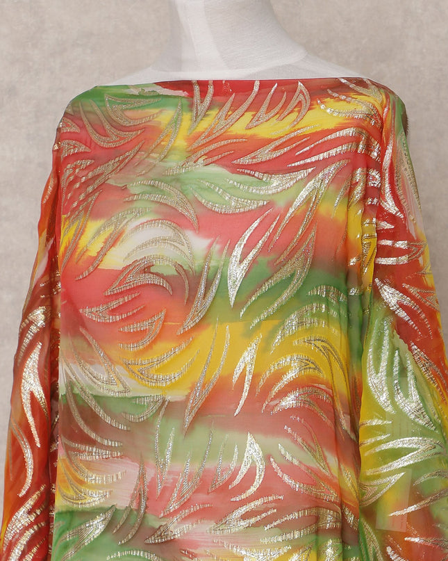 Red Green Yellow Traditional Somali Silk Chiffon Dirac Fabric with Metallic Lurex, 3.5 Mtrs, Width 140 Cms, Made in South Korea-D25046