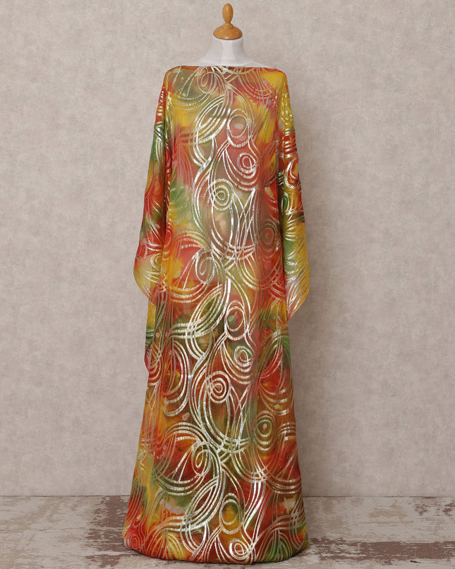Red Green Yellow Traditional Somali Silk Chiffon Dirac Fabric with Metallic Lurex, 3.5 Mtrs, Width 140 Cms, Made in South Korea-D25047