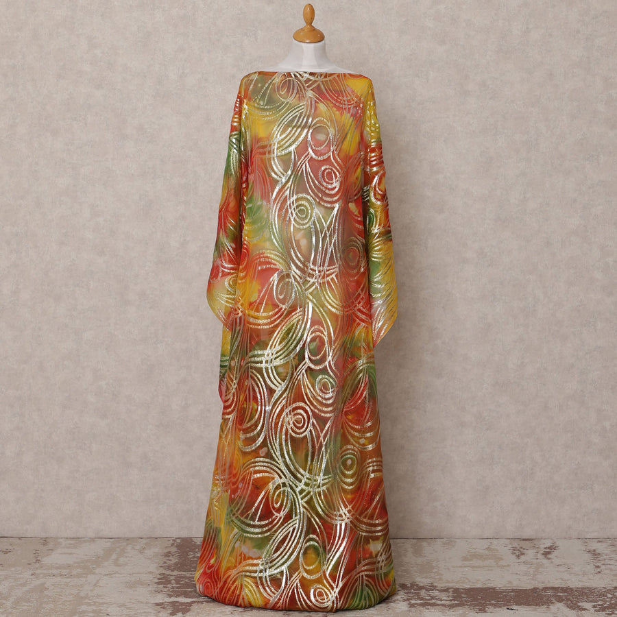 Red Green Yellow Traditional Somali Silk Chiffon Dirac Fabric with Metallic Lurex, 3.5 Mtrs, Width 140 Cms, Made in South Korea-D25047