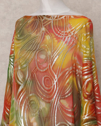 Red Green Yellow Traditional Somali Silk Chiffon Dirac Fabric with Metallic Lurex, 3.5 Mtrs, Width 140 Cms, Made in South Korea-D25047