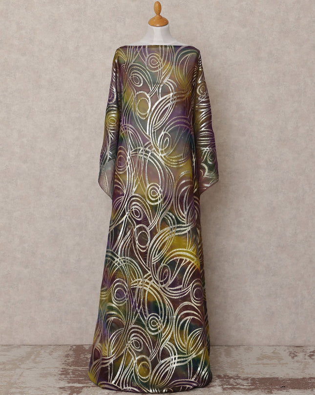 Purple Green Yellow Traditional Somali Silk Chiffon Dirac Fabric with Metallic Lurex, 3.5 Mtrs, Width 140 Cms, Made in South Korea-D25048