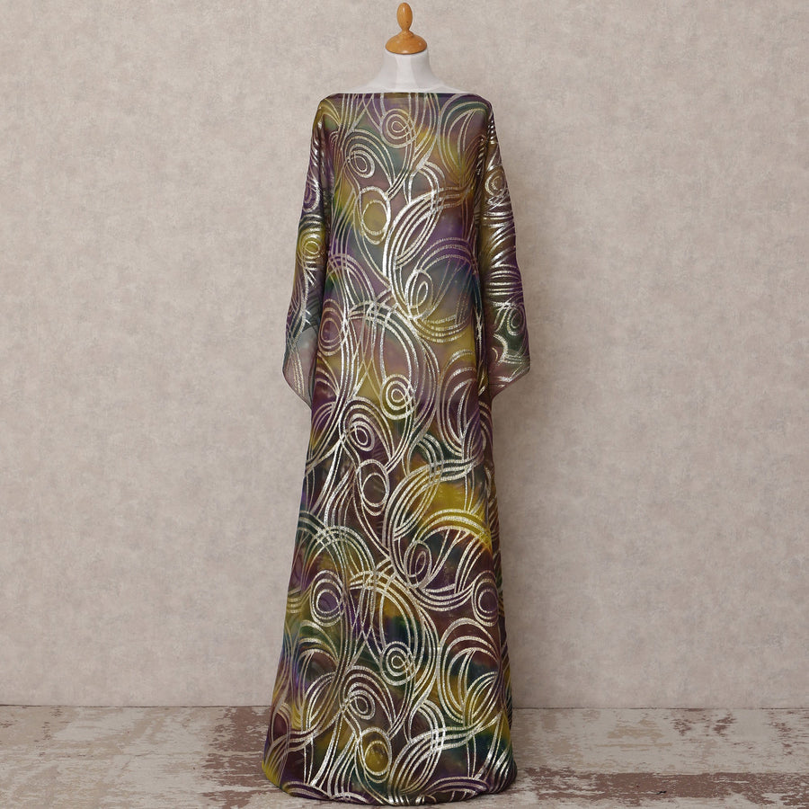 قماش ديراك شيفون حريري صومالي تقليدي باللون الأرجواني والأخضر والأصفر مع لوركس معدني، 3.5 متر، عرض 140 سم، صنع في كوريا الجنوبية - D25048