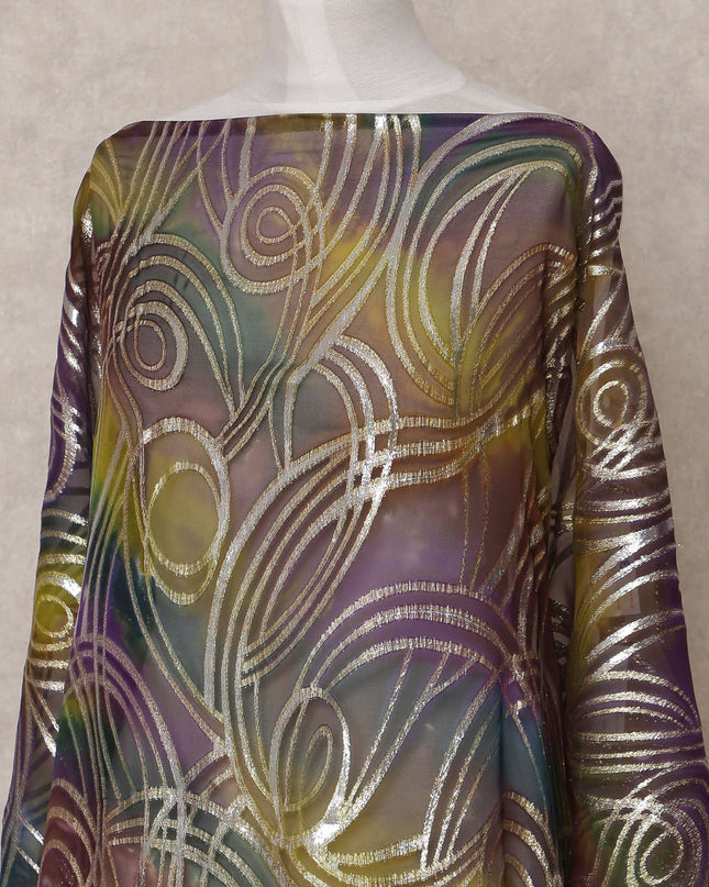 Purple Green Yellow Traditional Somali Silk Chiffon Dirac Fabric with Metallic Lurex, 3.5 Mtrs, Width 140 Cms, Made in South Korea-D25048